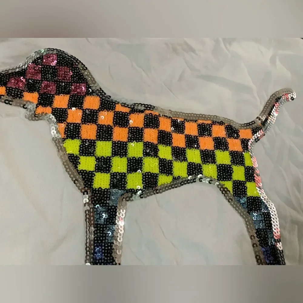 PINK VS CHECKERED RAINBOW BLING DOG CAMPUS TSHIRT XL